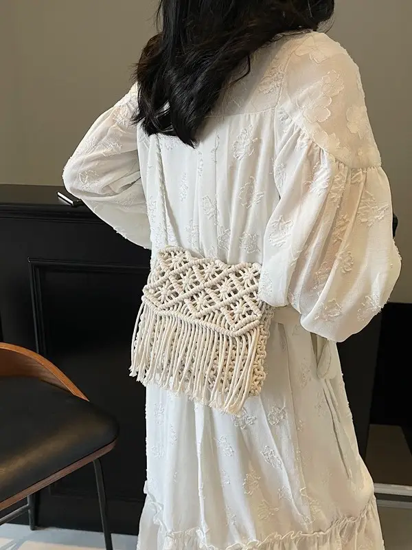 Women's Woven Tassel Shoulder Bag Brown 2024 - Image 6