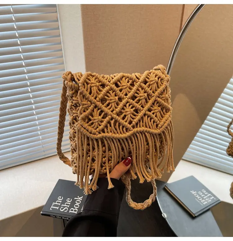 Women's Woven Tassel Shoulder Bag Brown 2024 — feature 32