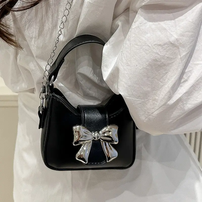 Black Bow Crossbody Bag with Chain Strap - Image 7