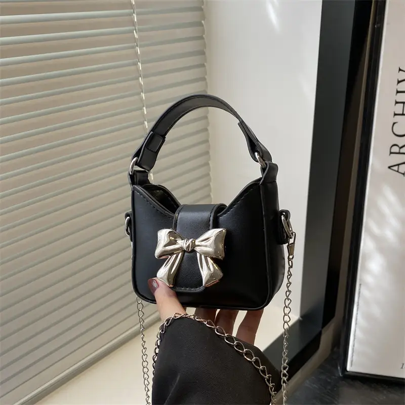 Black Bow Crossbody Bag with Chain Strap - Image 2