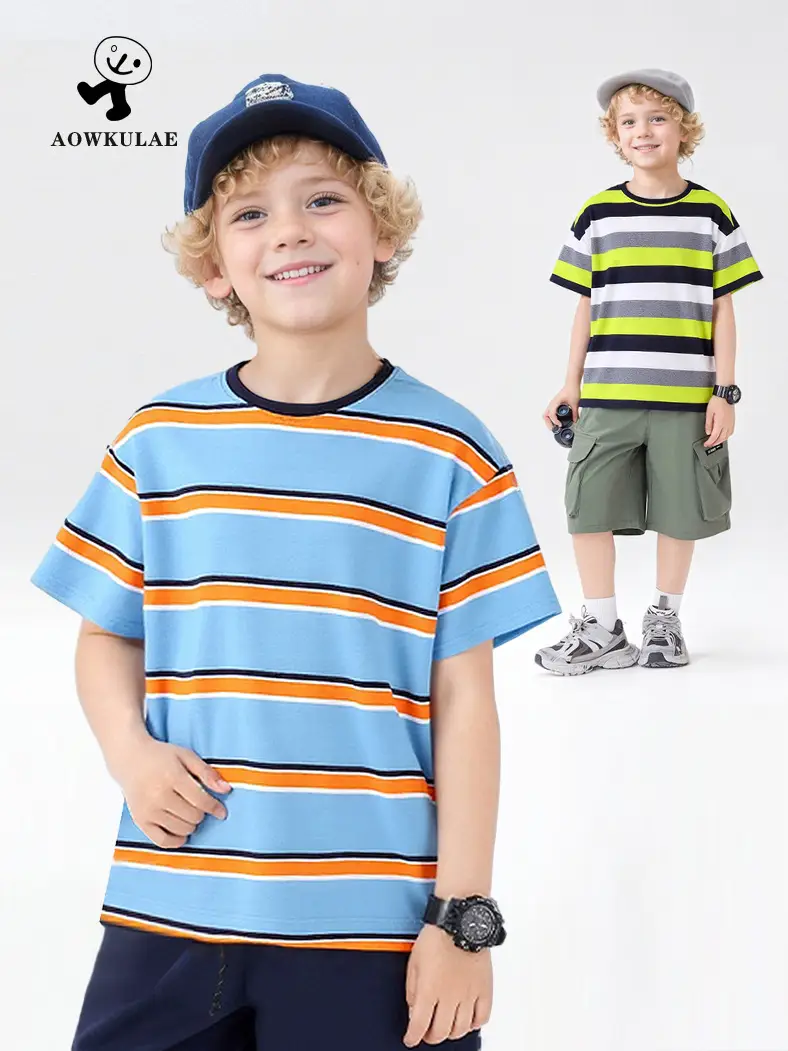 Kids Striped T-Shirt Neon Gray Black Cotton Summer Boys