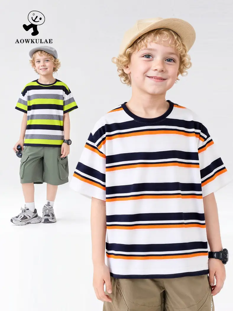 Kids Striped T-Shirt Neon Gray Black Cotton Summer Boys
