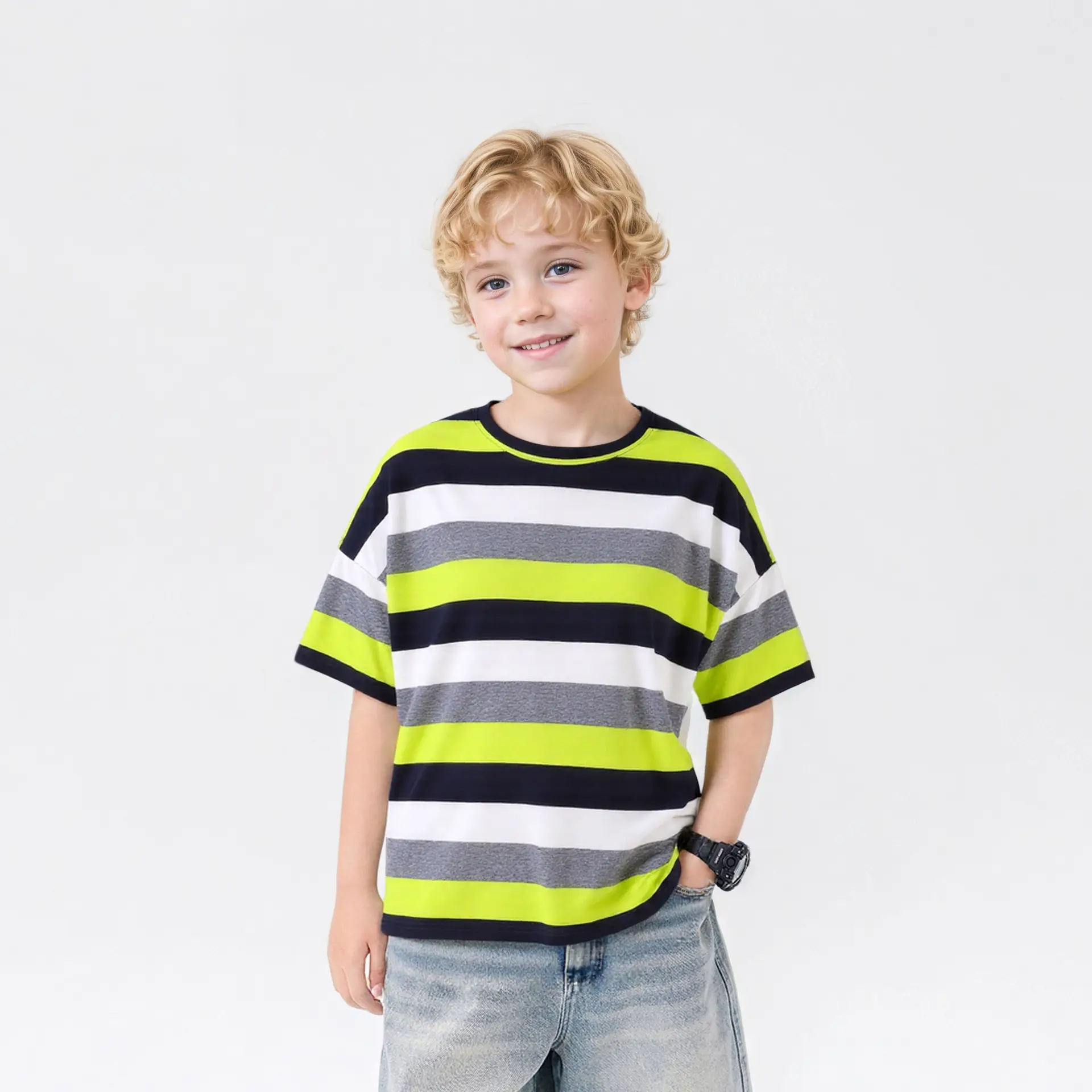 Kids Striped T-Shirt Neon Gray Black Cotton Summer Boys — feature 2