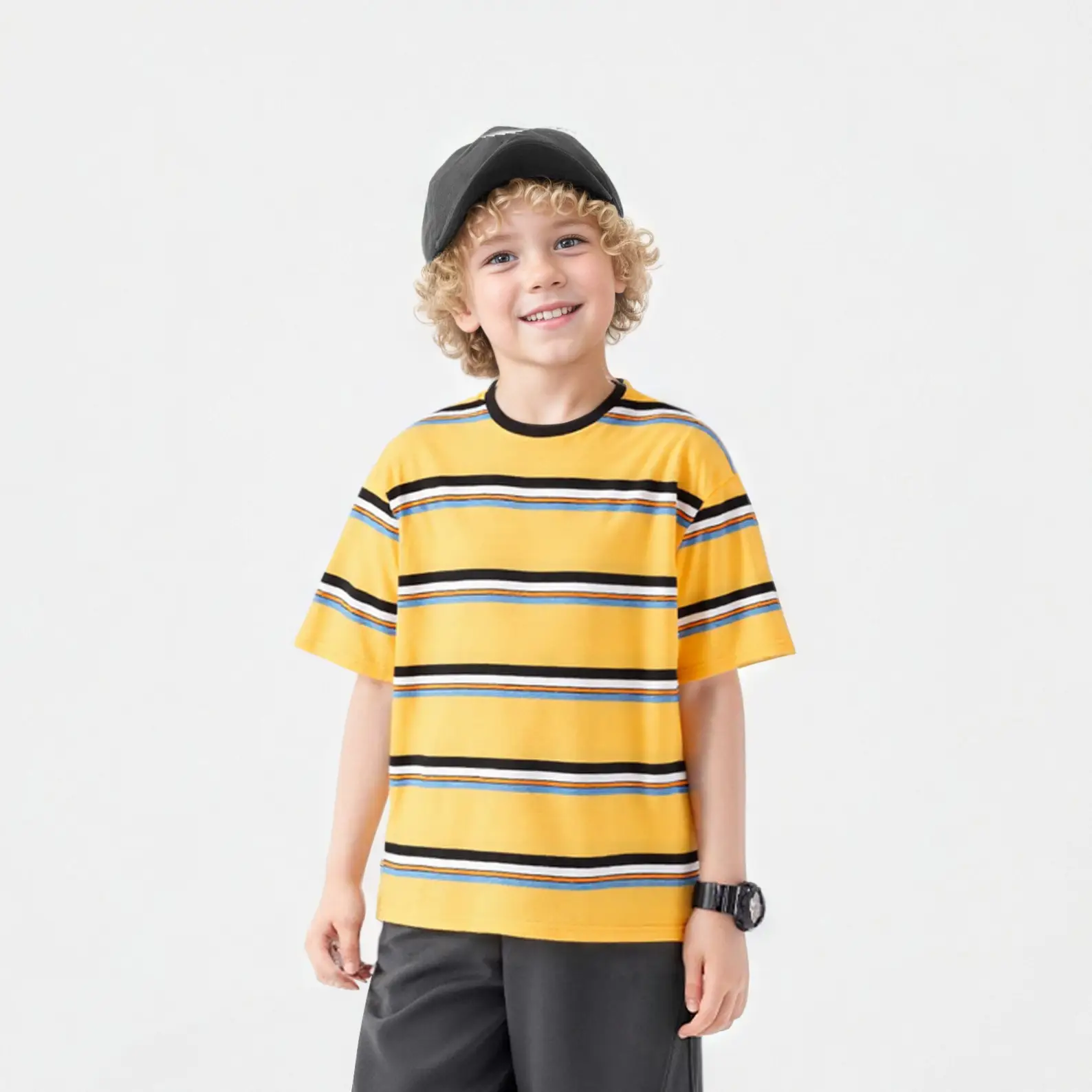 Kids Striped T-Shirt Neon Gray Black Cotton Summer Boys — feature 5