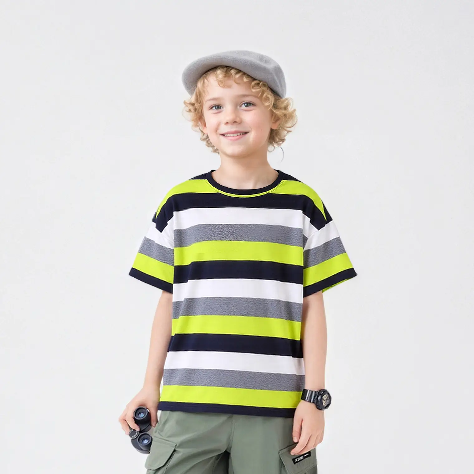 Kids Striped T-Shirt Neon Gray Black Cotton Summer Boys