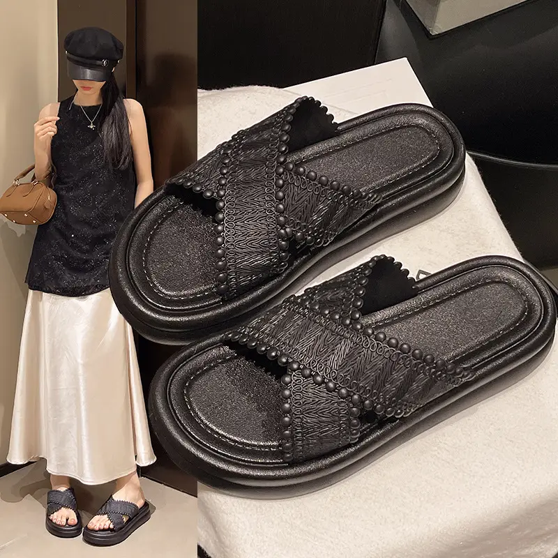 2025 Black Cross Strap Slippers Women Beach Wear - Image 4