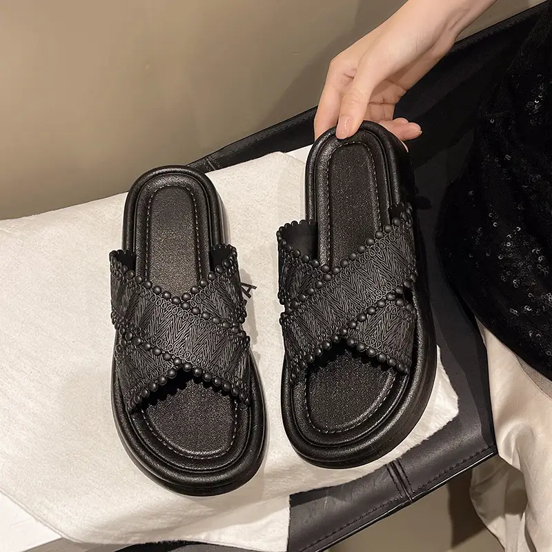2025 Black Cross Strap Slippers Women Beach Wear - Image 5
