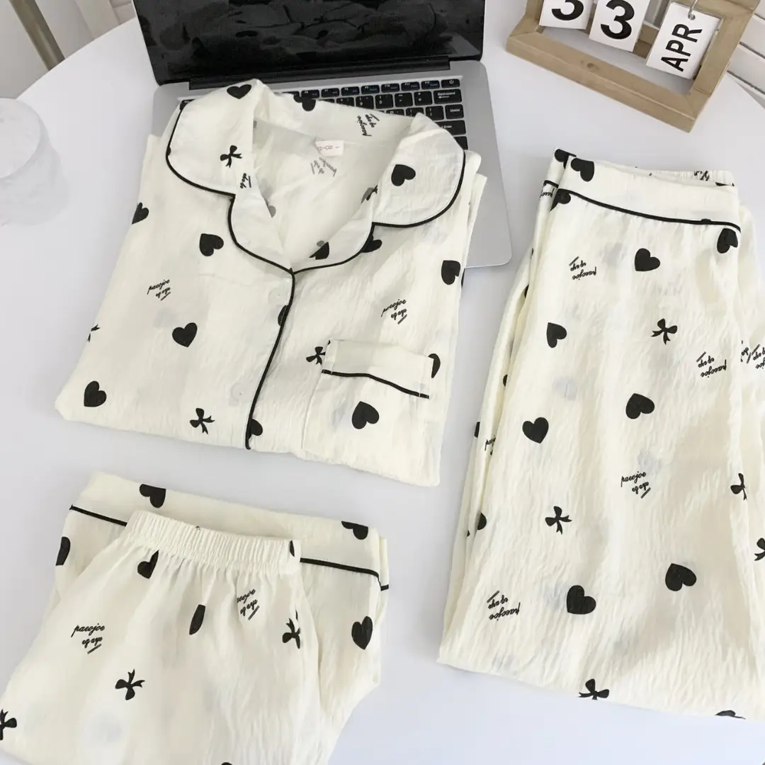 Cloud Cotton Pajamas for Women Spring and Summer Short-Sleeved Trousers New Cotton Silk Cartoon Three-Piece Suit Home Clothes Cross-Border Live Broadcast