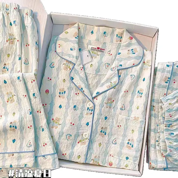 Cloud Cotton Pajamas for Women Spring and Summer Short-Sleeved Trousers New Cotton Silk Cartoon Three-Piece Suit Home Clothes Cross-Border Live Broadcast