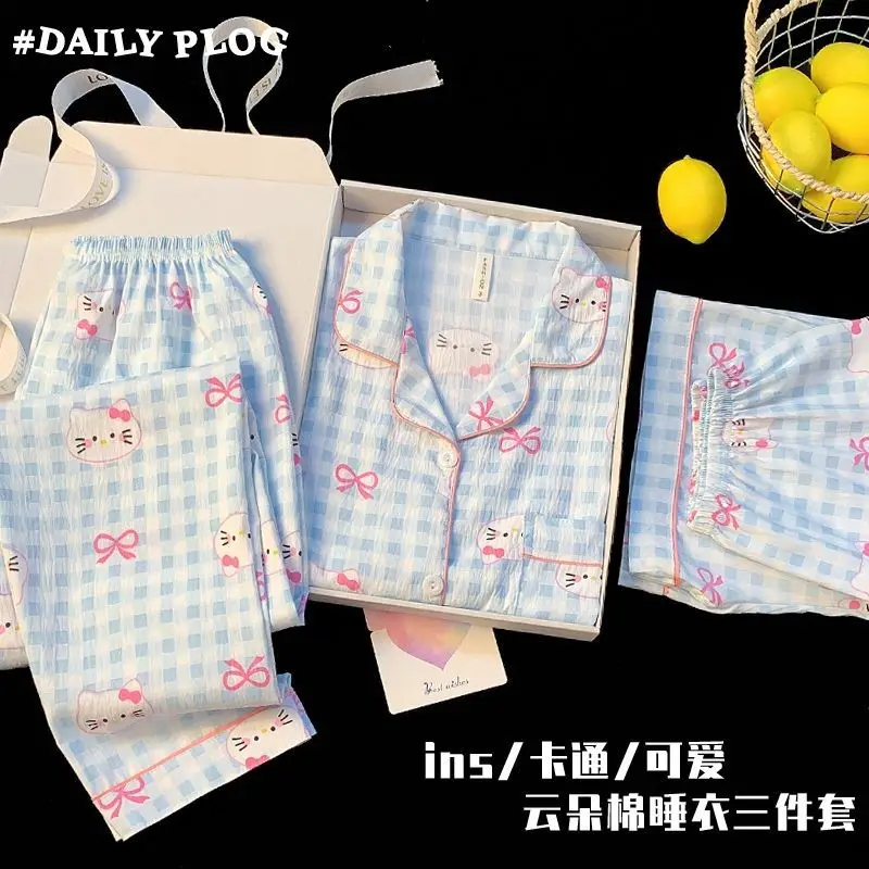 Cloud Cotton Pajamas for Women Spring and Summer Short-Sleeved Trousers New Cotton Silk Cartoon Three-Piece Suit Home Clothes Cross-Border Live Broadcast