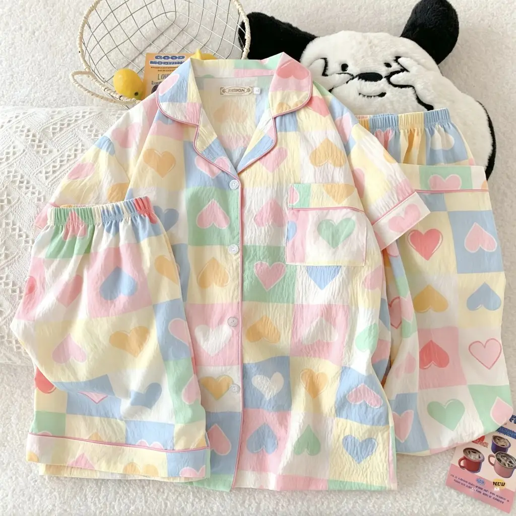 Cloud Cotton Pajamas for Women Spring and Summer Short-Sleeved Trousers New Cotton Silk Cartoon Three-Piece Suit Home Clothes Cross-Border Live Broadcast