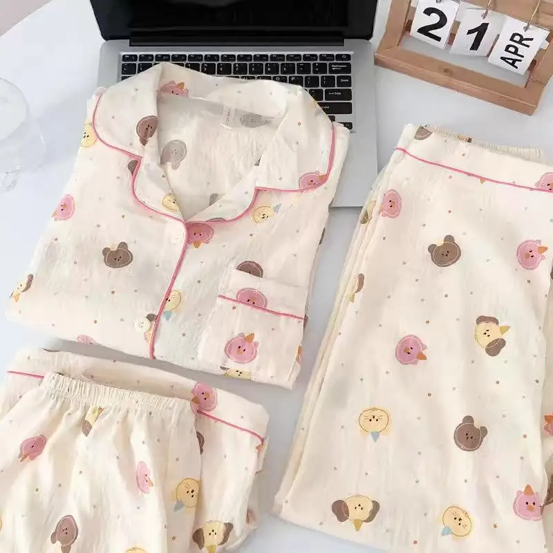 Cloud Cotton Pajamas for Women Spring and Summer Short-Sleeved Trousers New Cotton Silk Cartoon Three-Piece Suit Home Clothes Cross-Border Live Broadcast