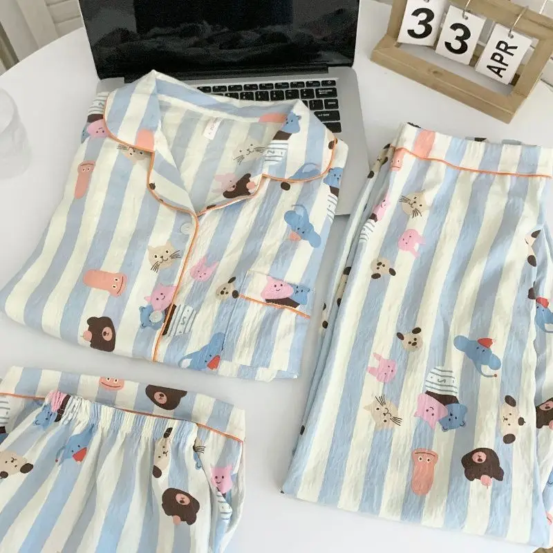 Cloud Cotton Pajamas for Women Spring and Summer Short-Sleeved Trousers New Cotton Silk Cartoon Three-Piece Suit Home Clothes Cross-Border Live Broadcast