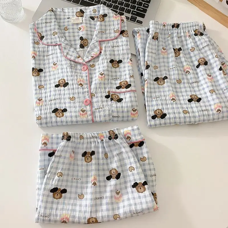 Cloud Cotton Pajamas for Women Spring and Summer Short-Sleeved Trousers New Cotton Silk Cartoon Three-Piece Suit Home Clothes Cross-Border Live Broadcast
