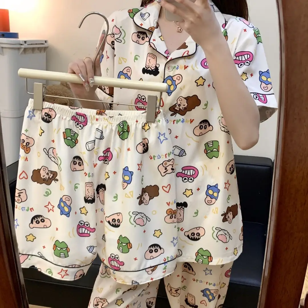 Cloud Cotton Pajamas for Women Spring and Summer Short-Sleeved Trousers New Cotton Silk Cartoon Three-Piece Suit Home Clothes Cross-Border Live Broadcast