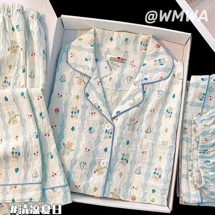 Cloud Cotton Pajamas for Women Spring and Summer Short-Sleeved Trousers New Cotton Silk Cartoon Three-Piece Suit Home Clothes Cross-Border Live Broadcast