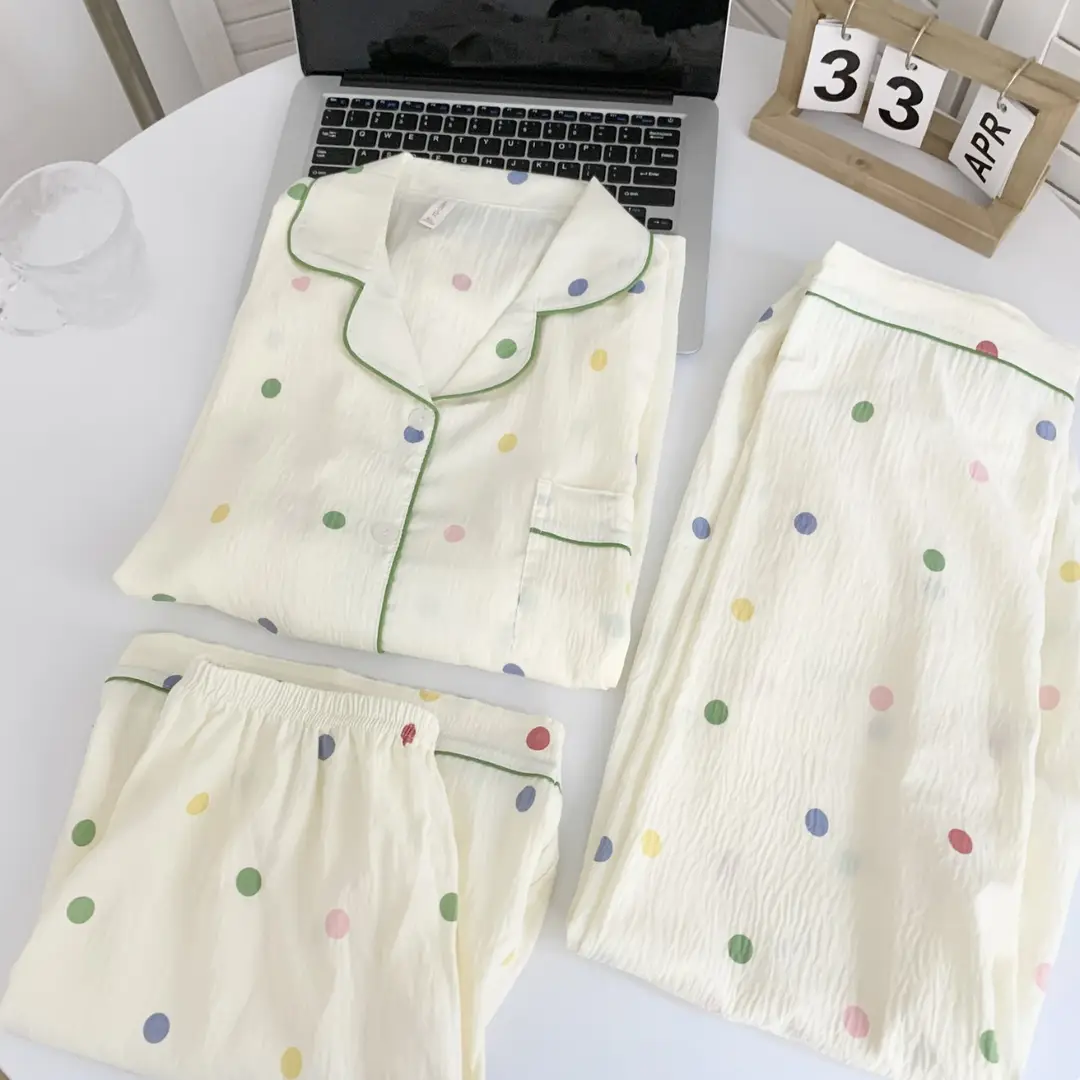 Cloud Cotton Pajamas for Women Spring and Summer Short-Sleeved Trousers New Cotton Silk Cartoon Three-Piece Suit Home Clothes Cross-Border Live Broadcast