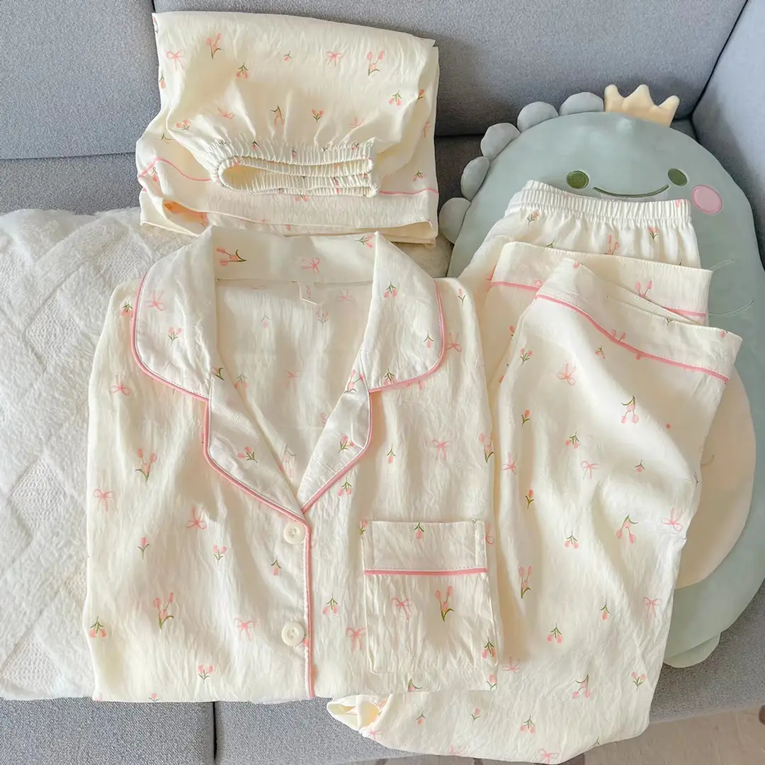 Cloud Cotton Pajamas for Women Spring and Summer Short-Sleeved Trousers New Cotton Silk Cartoon Three-Piece Suit Home Clothes Cross-Border Live Broadcast