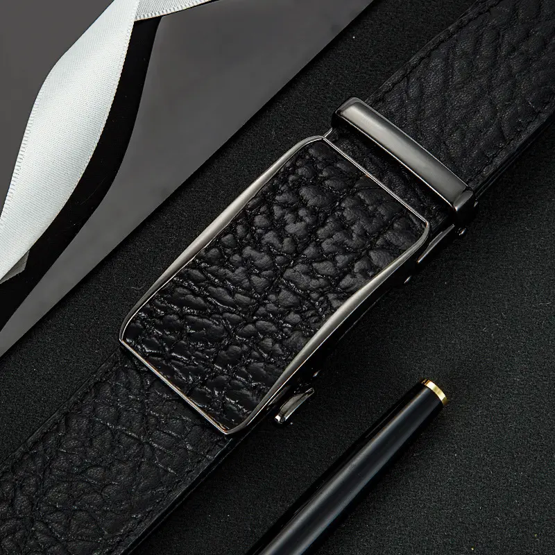 Men's Black Genuine Leather Belt with Automatic Buckle - Image 3