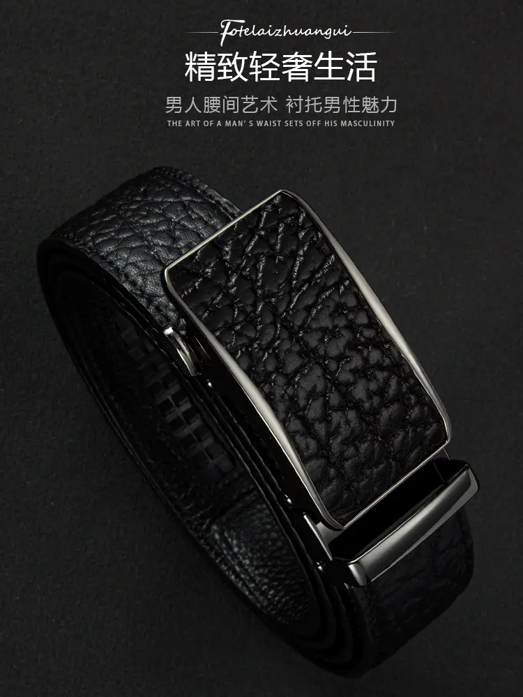 Men's Black Genuine Leather Belt with Automatic Buckle — feature 2