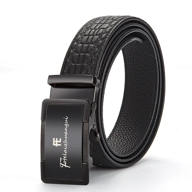 Men's Black Genuine Leather Belt with Automatic Buckle - Image 2