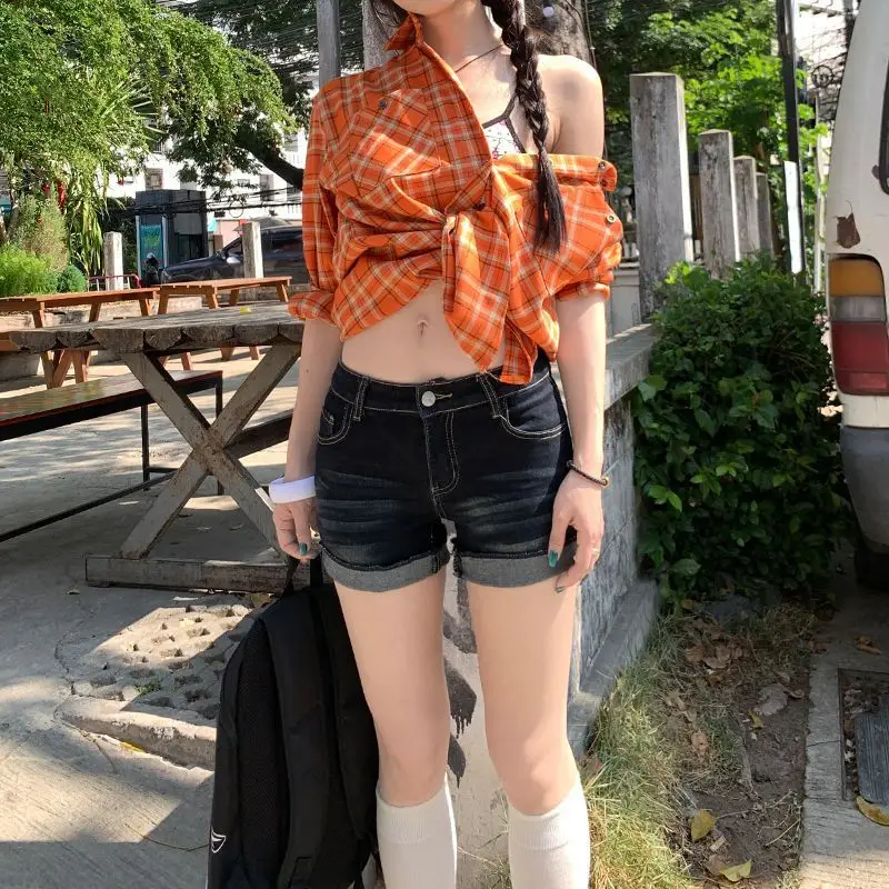 Dark Blue Rolled Hem Hot Pants Sexy Women 2025