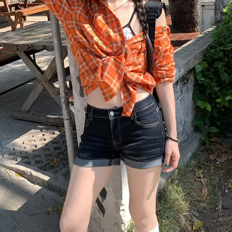 Dark Blue Rolled Hem Hot Pants Sexy Women 2025