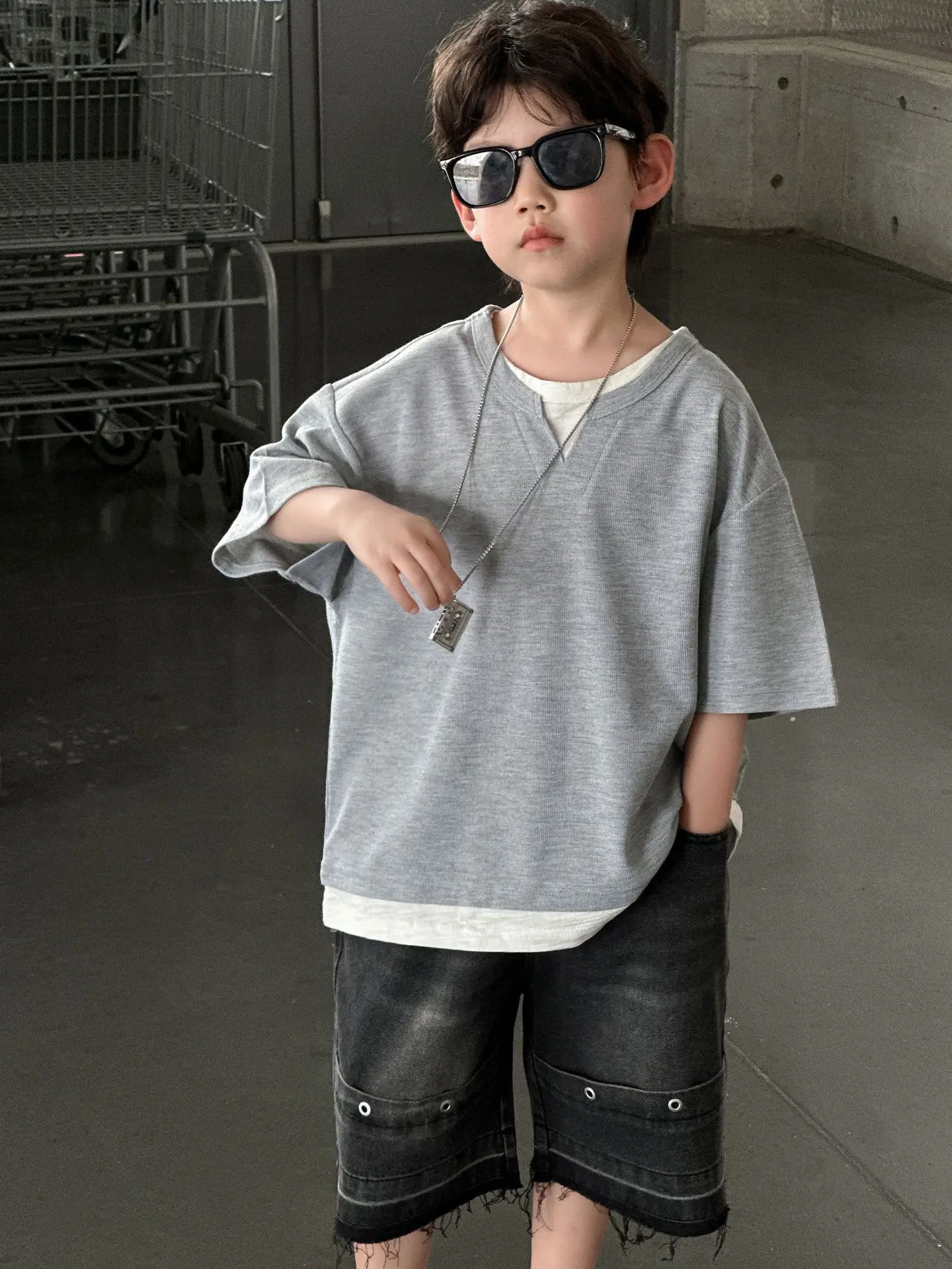 Boys 2025 Summer T-Shirt Grey Short Sleeve Casual Top - Image 2