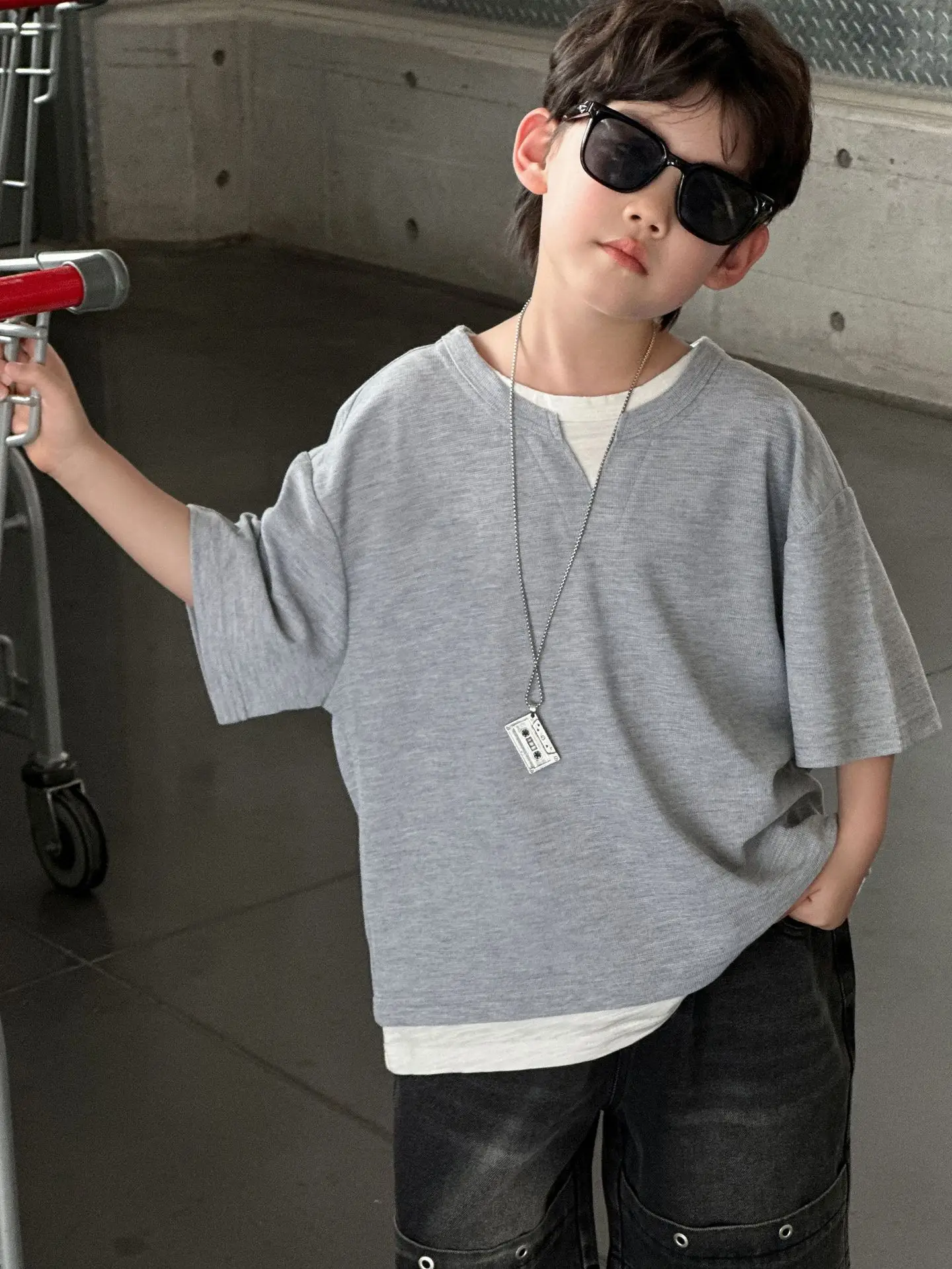 Boys 2025 Summer T-Shirt Grey Short Sleeve Casual Top - Image 3