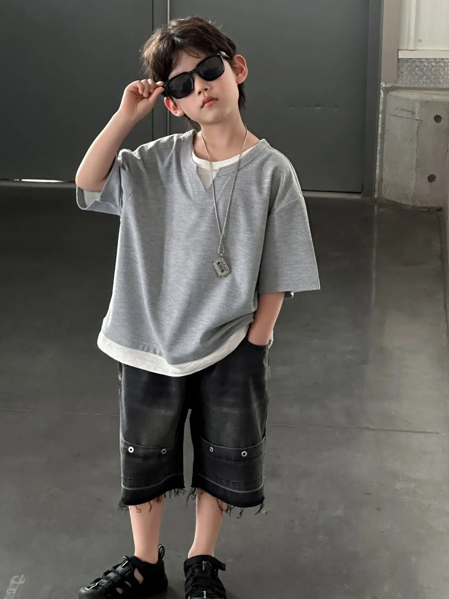 Boys 2025 Summer T-Shirt Grey Short Sleeve Casual Top - Image 5