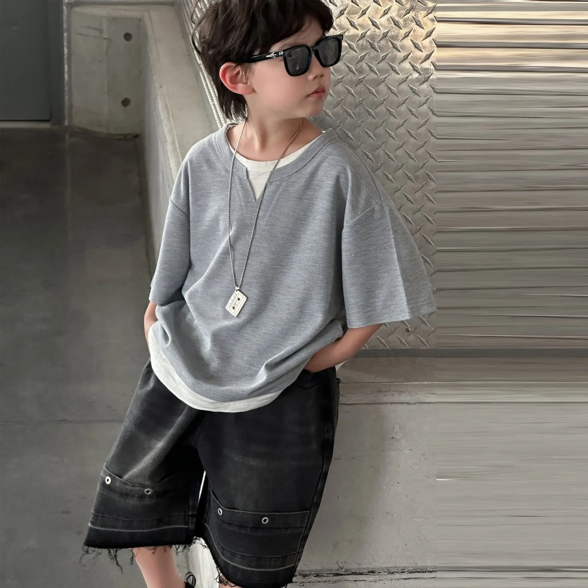 Boys 2025 Summer T-Shirt Grey Short Sleeve Casual Top — feature 12