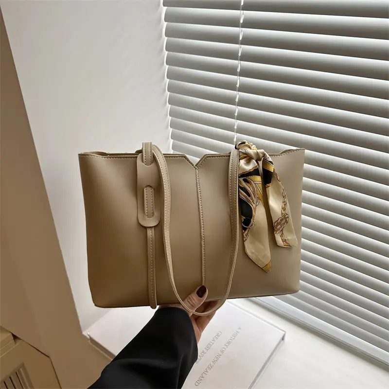 High-End Silk Scarf Tote Bag Beige Large Capacity - Image 5