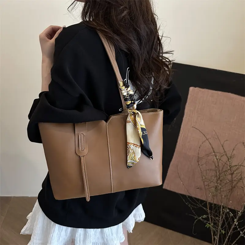 High-End Silk Scarf Tote Bag Beige Large Capacity - Image 7