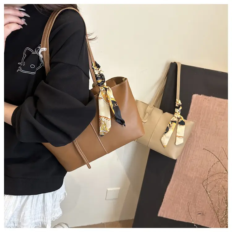 High-End Silk Scarf Tote Bag Beige Large Capacity — feature 19