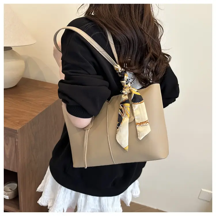 High-End Silk Scarf Tote Bag Beige Large Capacity — feature 2