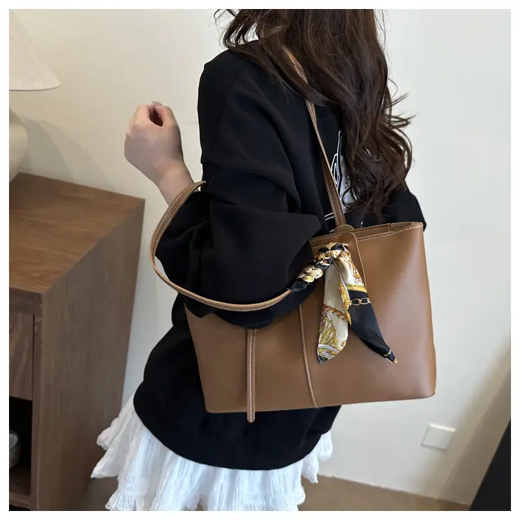 High-End Silk Scarf Tote Bag Beige Large Capacity — feature 22