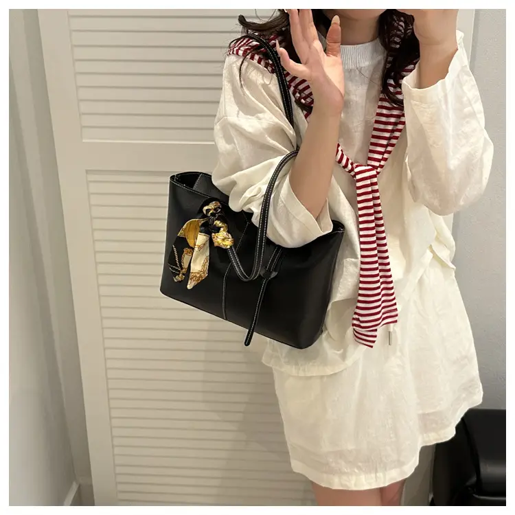 High-End Silk Scarf Tote Bag Beige Large Capacity — feature 35
