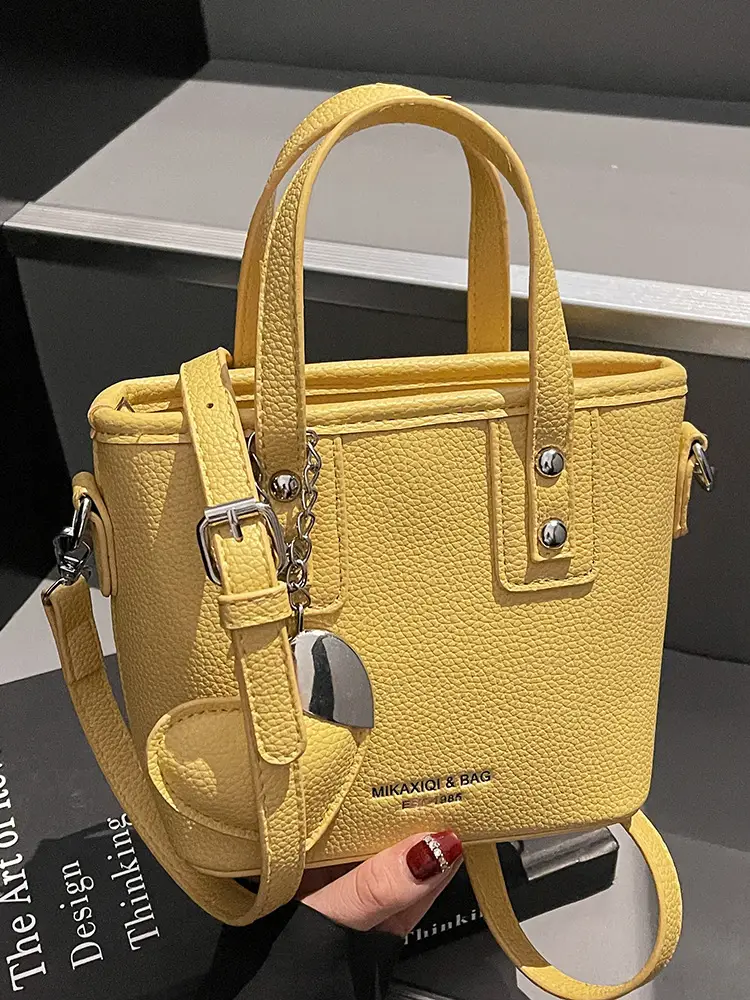 Women's Yellow Leather Bucket Bag with Shoulder Crossbody Strap - Image 8