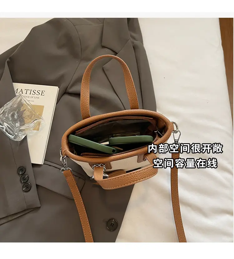Women's Yellow Leather Bucket Bag with Shoulder Crossbody Strap — feature 11