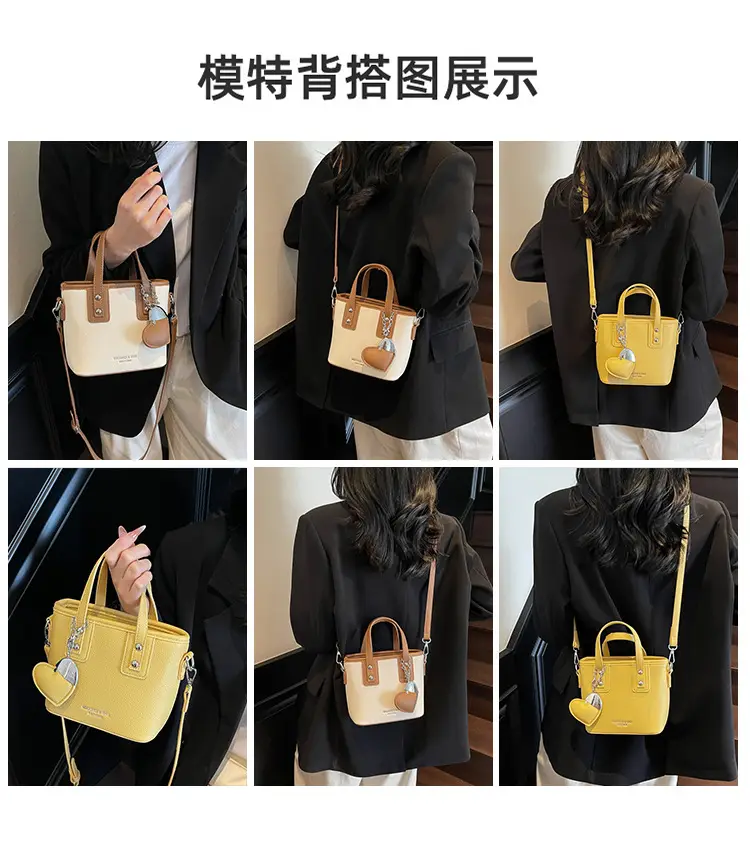 Women's Yellow Leather Bucket Bag with Shoulder Crossbody Strap — feature 12