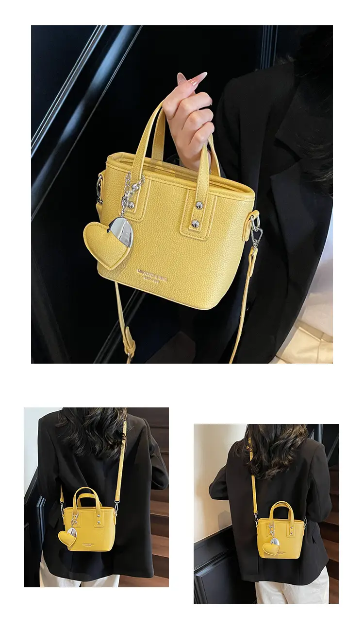 Women's Yellow Leather Bucket Bag with Shoulder Crossbody Strap — feature 18