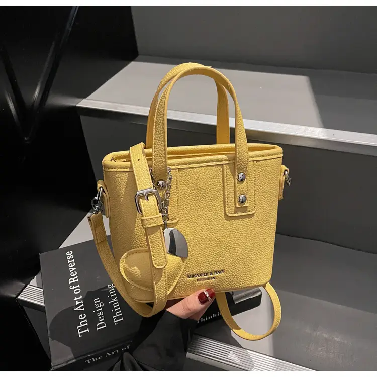 Women's Yellow Leather Bucket Bag with Shoulder Crossbody Strap — feature 39