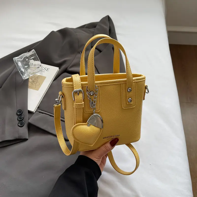 Women's Yellow Leather Bucket Bag with Shoulder Crossbody Strap - Image 6