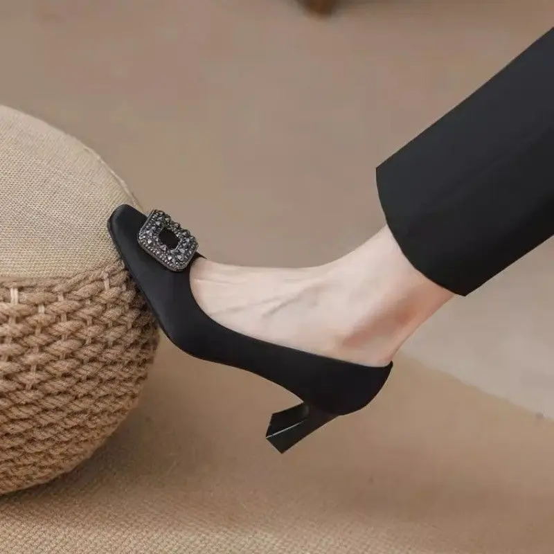 Chanel-Style Square-Toe 2026 New Spring and Autumn Elegant Shallow French-Style Rhinestone Black Professional High-Heeled Shoes with Chunky Heels - Image 3
