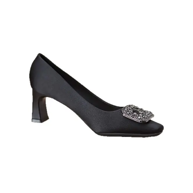 Chanel-Style Square-Toe 2026 New Spring and Autumn Elegant Shallow French-Style Rhinestone Black Professional High-Heeled Shoes with Chunky Heels - Image 5