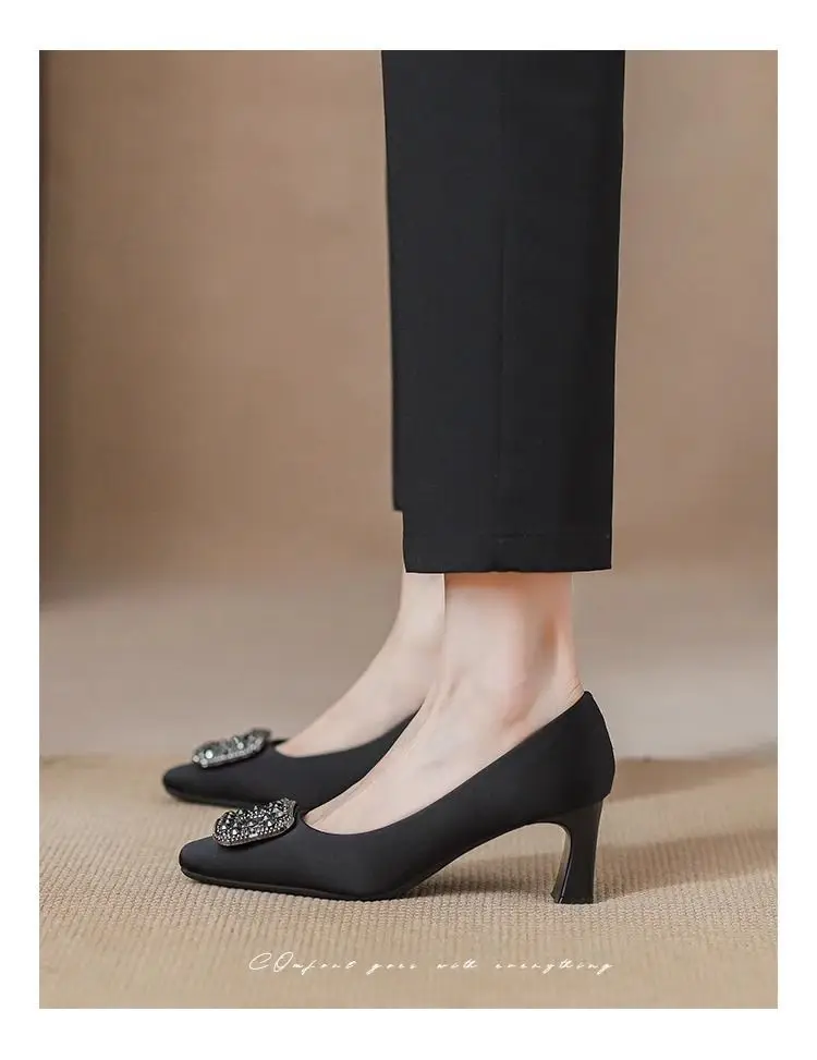 Chanel-Style Square-Toe 2026 New Spring and Autumn Elegant Shallow French-Style Rhinestone Black Professional High-Heeled Shoes with Chunky Heels — feature 11
