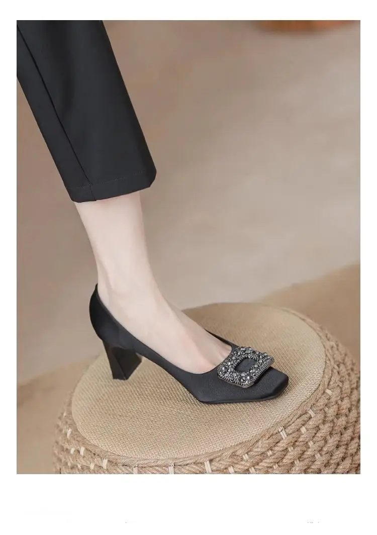 Chanel-Style Square-Toe 2026 New Spring and Autumn Elegant Shallow French-Style Rhinestone Black Professional High-Heeled Shoes with Chunky Heels — feature 12