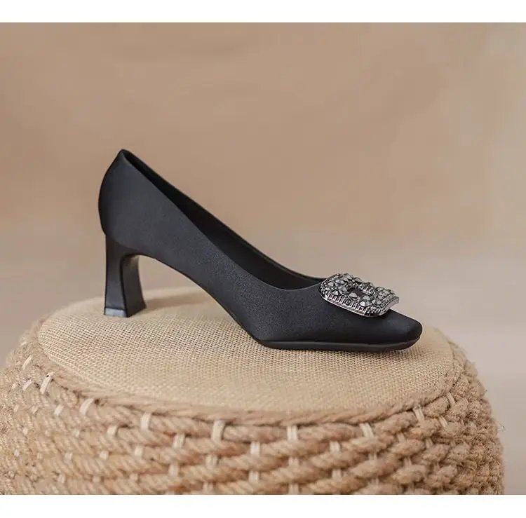 Chanel-Style Square-Toe 2026 New Spring and Autumn Elegant Shallow French-Style Rhinestone Black Professional High-Heeled Shoes with Chunky Heels — feature 13