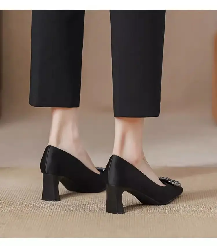 Chanel-Style Square-Toe 2026 New Spring and Autumn Elegant Shallow French-Style Rhinestone Black Professional High-Heeled Shoes with Chunky Heels — feature 8