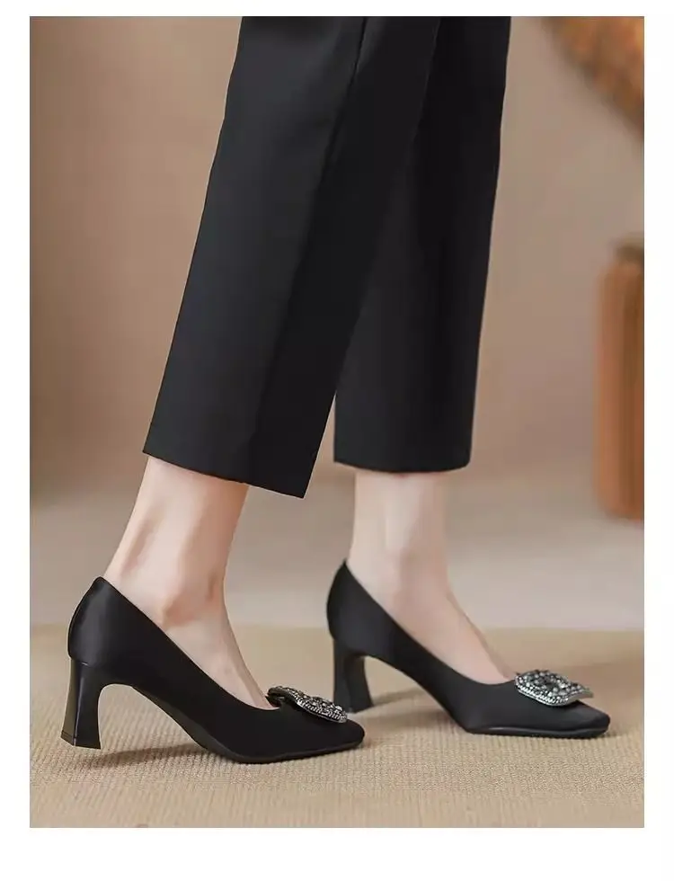 Chanel-Style Square-Toe 2026 New Spring and Autumn Elegant Shallow French-Style Rhinestone Black Professional High-Heeled Shoes with Chunky Heels — feature 9
